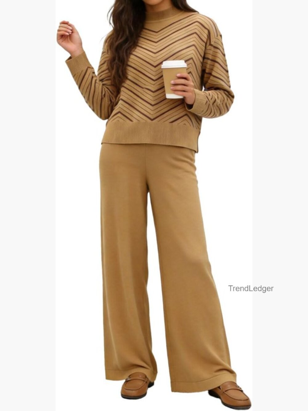 Knit 2 Piece Lounge Set - V Stripe Top Wide Leg Pants